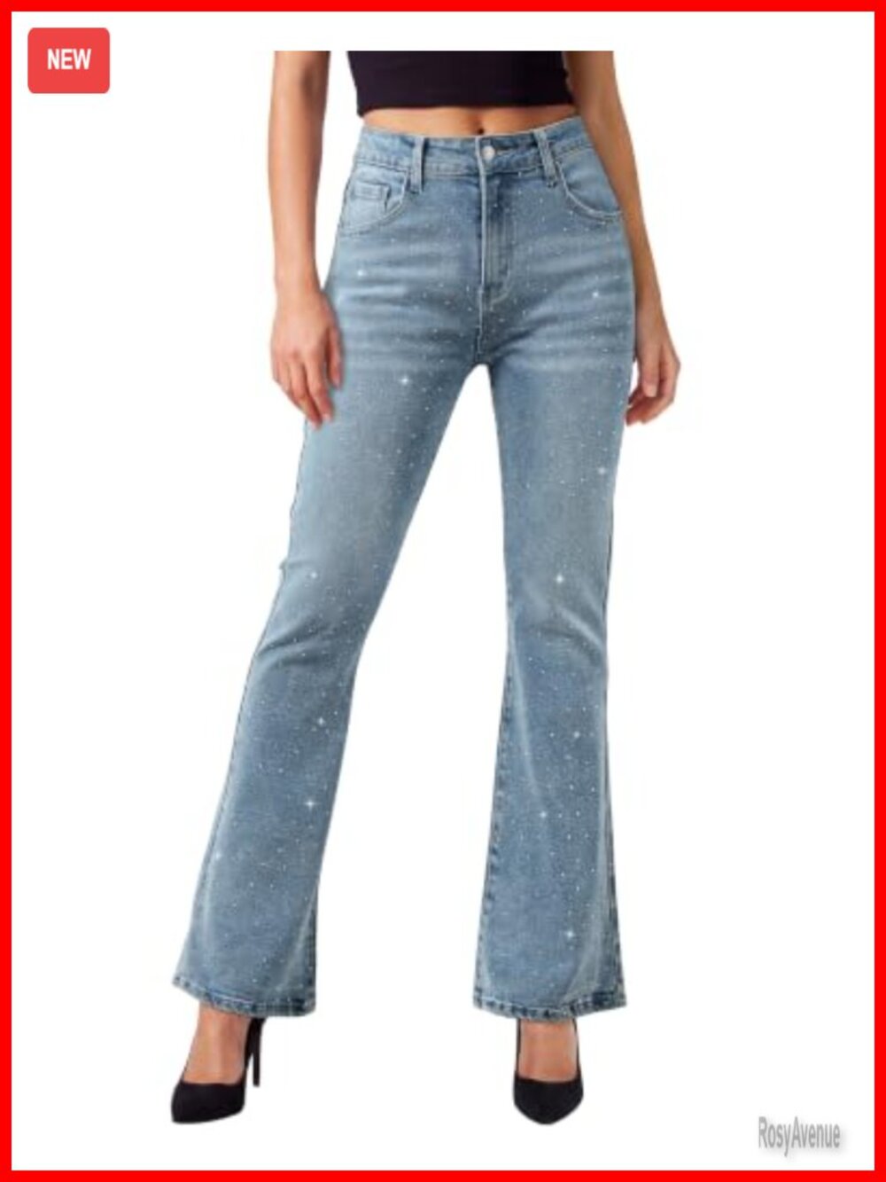 High Rise Flare Rhinestone Stretchy Denim Jeans with Patch Pockets